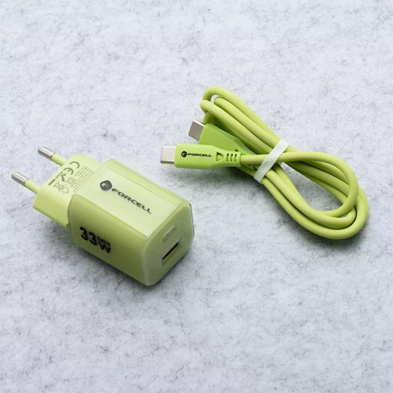 Forcell F-Energy GaN III VT-41 33 W GaN Wall Charger, 1x USB-C PD 3.0/PPS & 1x USB-A QC 4.0, Green