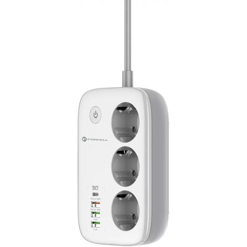 Forcell F-Energy VT-PS03 Smart Power Strip, 3x Schuko Sockets, USB-C PD 30W, 3x USB-A QC 3.0, Wi-Fi, Tuya App Control, 2500W/10A