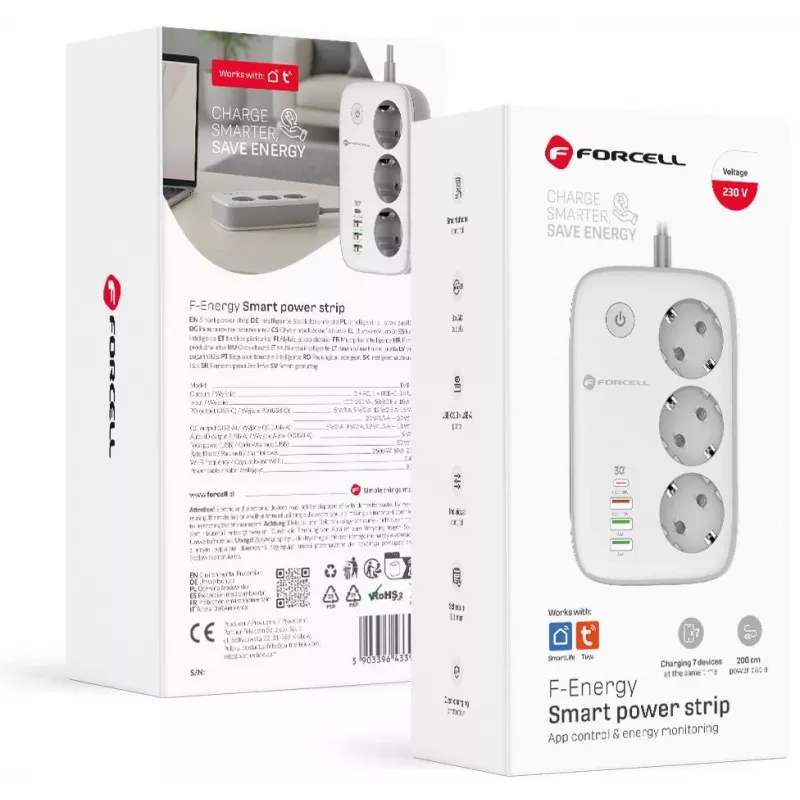 Forcell F-Energy VT-PS03 Smart Power Strip, 3x Schuko Sockets, USB-C PD 30W, 3x USB-A QC 3.0, Wi-Fi, Tuya App Control, 2500W/10A