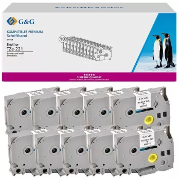 G&G 20101 Compatible Brother TZe-221 Label Tape, 9mm x 8m, Black on White, Laminated, 10-Pack
