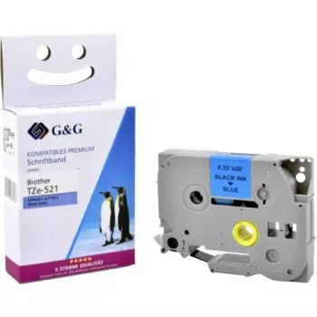 G&G 5BRT521-TD Replacement Label Tape for Brother TZe-521, 9mm x 8m, Black on Blue, Laminated