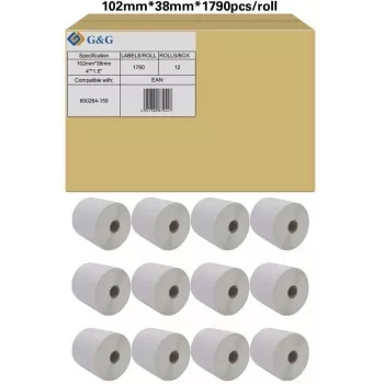 G&G Label Rolls Compatible with Zebra 800264-155, White, 102 x 38 mm, 12 x 1790 Labels (19802)