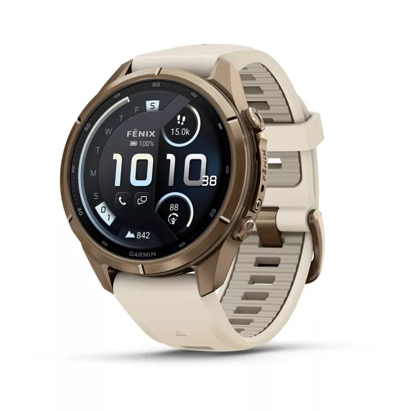 Garmin Fenix 9 Pro – inReach, 43mm Autumn Gold Titanium with Cream/French Grey Silicone Band