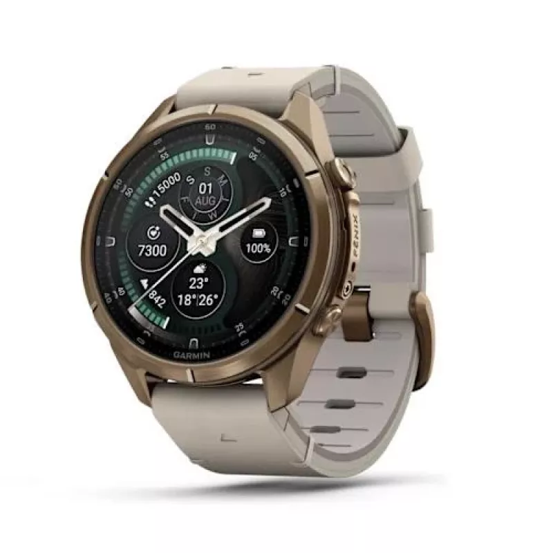 Garmin Fenix 9 Pro – inReach, 43mm Autumn Gold Titanium with Cream/French Grey Silicone Band