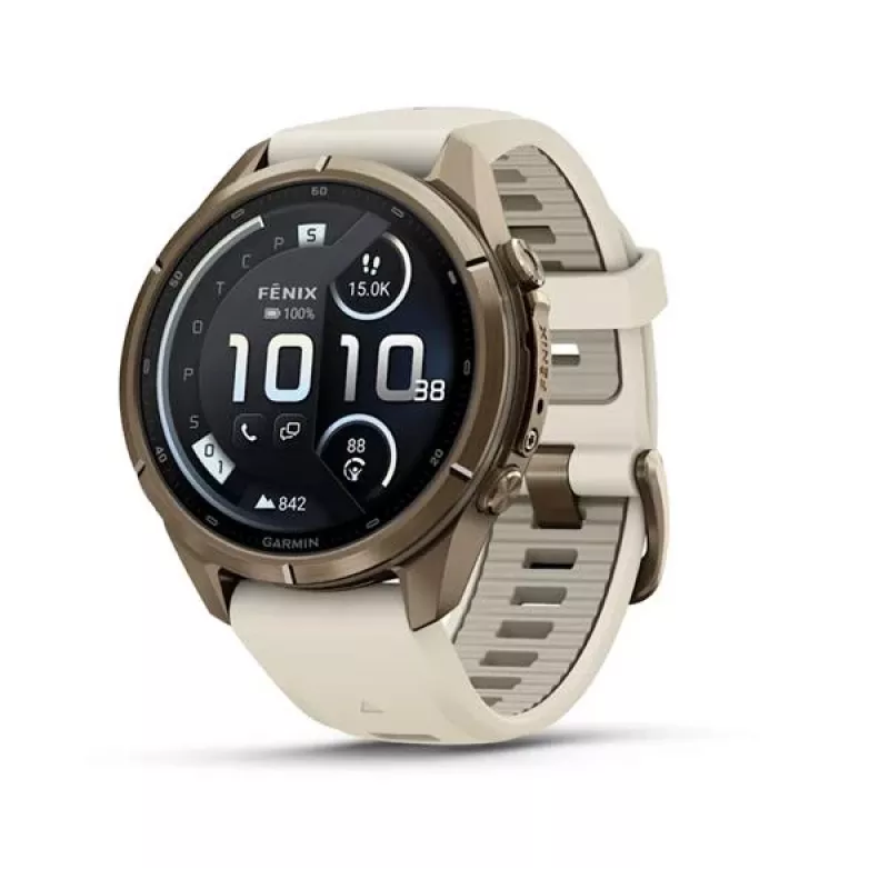 Garmin Fenix 9 Pro – inReach, 43mm Autumn Gold Titanium with Cream/French Grey Silicone Band