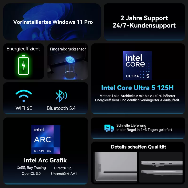 GEEKOM GEEKBOOK X16 PRO (Silver, Intel Core Ultra 5 125H, Intel Arc Graphics, 32 GB LPDDR5, 1 TB SSD, Windows 11 Pro)