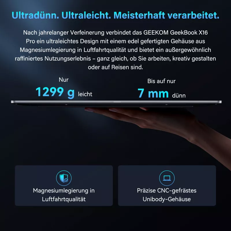 GEEKOM GEEKBOOK X16 PRO (Silver, Intel Core Ultra 5 125H, Intel Arc Graphics, 32 GB LPDDR5, 1 TB SSD, Windows 11 Pro)