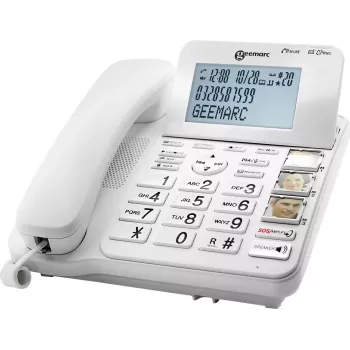 Geemarc CL595 Corded Senior Telephone with Answering Machine, Hands-Free, Visual Ring Indicator, Hearing Aid Compatible, Emergency Pendant, White