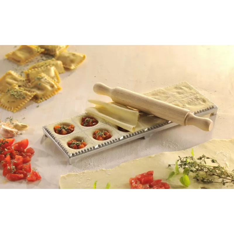 GEFU 3-Piece Ravioli Maker Set with Board, Cutter and Rolling Pin, Makes 24 Square Ravioli 60x60 mm, White/Silver