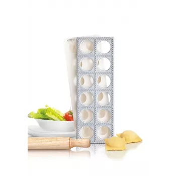 GEFU 3-Piece Ravioli Maker Set with Board, Cutter and Rolling Pin, Makes 24 Square Ravioli 60x60 mm, White/Silver