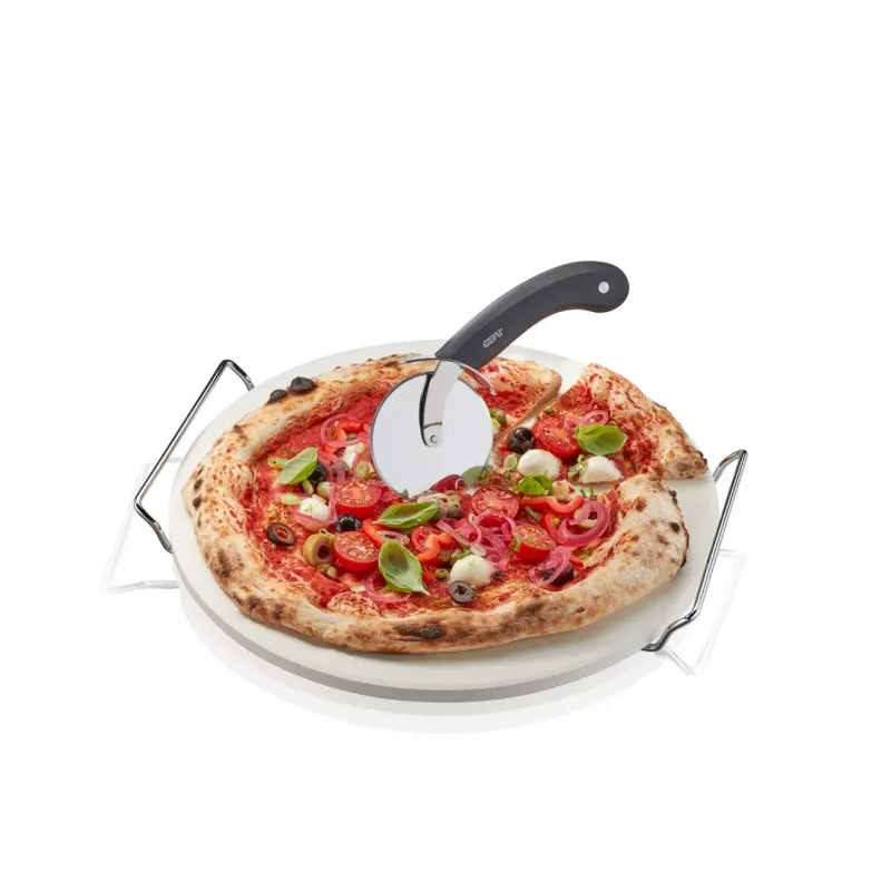 GEFU DARIOSO Pizza Stone Set with Cutter and Serving Stand, 33 cm Round Cordierite Baking Stone, Chrome Stand, Stainless Steel Cutter