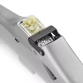 GEFU GARLICO Garlic Juicer, Stainless Steel Garlic Press with Integrated Cleaning Pin, Ergonomic Handle, Dishwasher Safe, Silver
