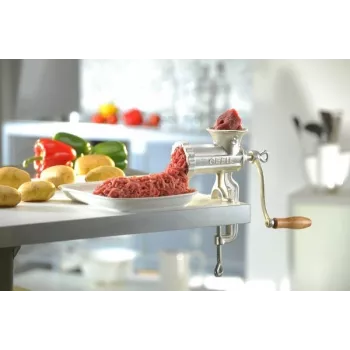 GEFU Meat Grinder TRICA 5 Manual Table Clamp Size 5 with Sausage Stuffer and Cookie Attachments, Tinned Cast Iron, Silver