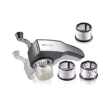 GEFU PECORINO Cheese and Chocolate Mill with 3 Stainless Steel Grating Discs, Manual Rotary Crank, Silver/Black
