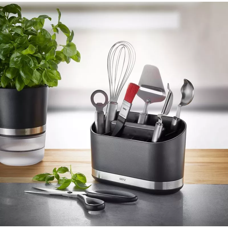 GEFU SMARTLINE Tabletop Organizer Holder, Stainless Steel & Black, Non-Slip Base, Dishwasher Safe, 10 x 14 cm