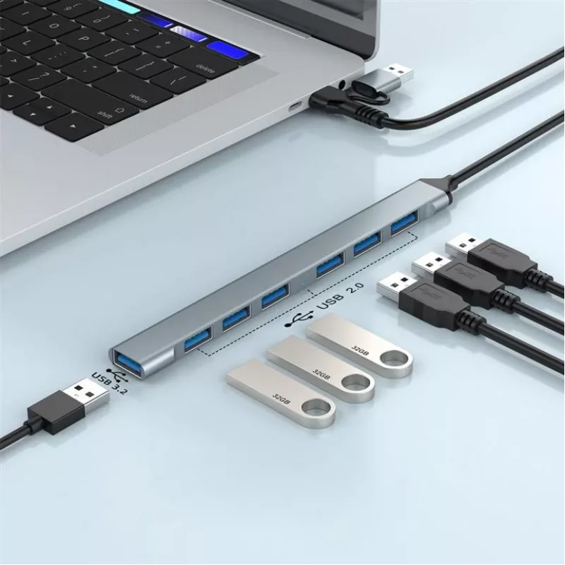 Gembird 7-Port USB 3.2 Gen 2 Hub - 6x USB-A 2.0 + 1x USB-A 3.2, Silver