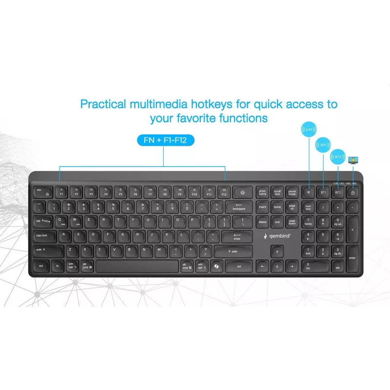 Gembird KB-WPS-03 Dual-Mode Pro-Business Slim Wireless Keyboard, 2.4G + Bluetooth, US Layout, Black