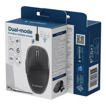 Gembird MUSW2-6B-01 Dual-mode Wireless Mouse, 2.4 GHz + Bluetooth 5.0, 1600 DPI, 6 Buttons, Black