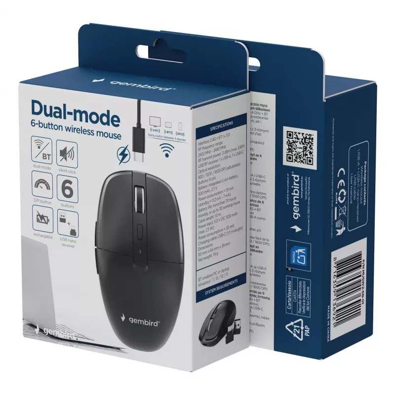 Gembird MUSW2-6B-01 Dual-mode Wireless Mouse, 2.4 GHz + Bluetooth 5.0, 1600 DPI, 6 Buttons, Black