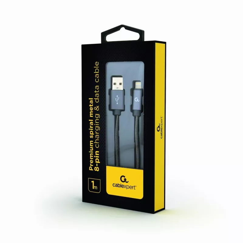 Gembird USB-A to Lightning Cable, Premium Spiral Metal, 1m, Metallic Grey