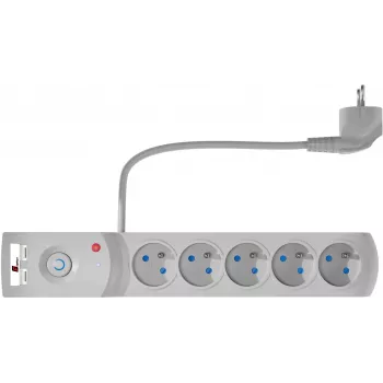 GETFORT 5-Outlet Surge Protector Power Strip with 2 USB Charging Ports, 1.5m Cable, Grey