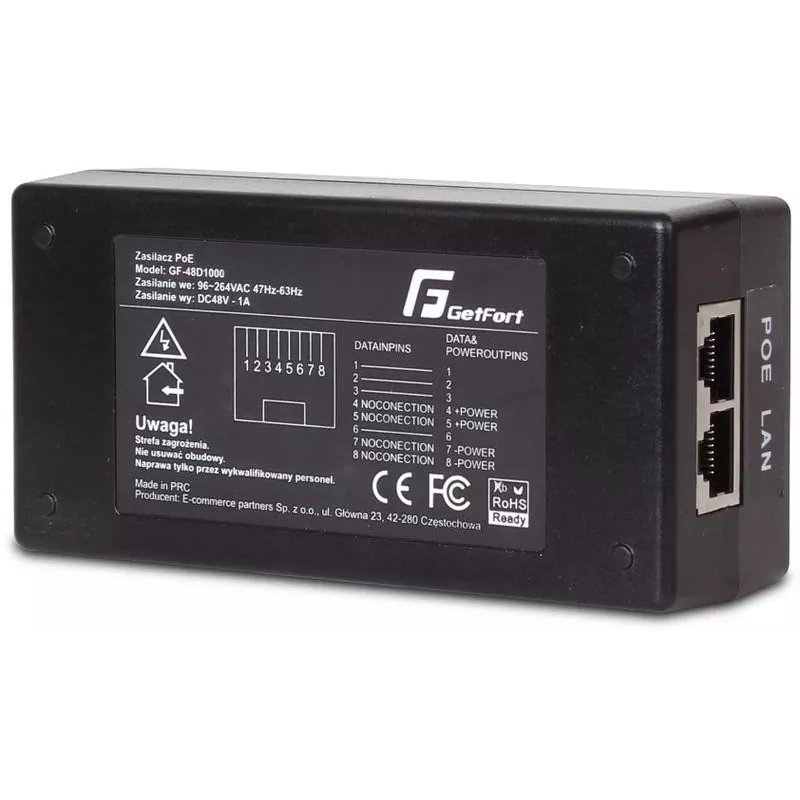GETFORT GF-48D1000 48W Passive PoE Injector Adapter, 100-240V AC to 48V DC, 10/100 Mbps, 2x RJ45, IEEE 802.3af/at Compatible