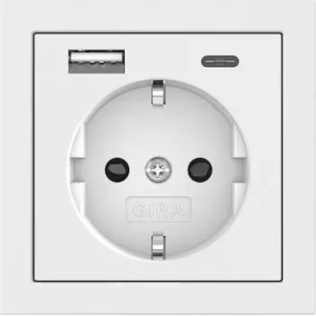 Gira SCHUKO Socket Outlet with USB Power Supply, 2x USB-A 5V 2.1A, Flush-Mounted, Pure White Glossy 245970