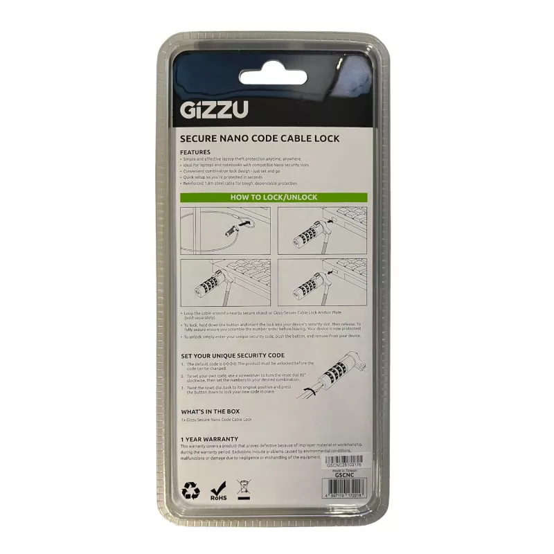 GIZZU 1.8m Nano Combination Lock Security Cable - 4-Digit Resettable, Braided Steel, for Kensington Nano Slot Devices (Black/Silver)