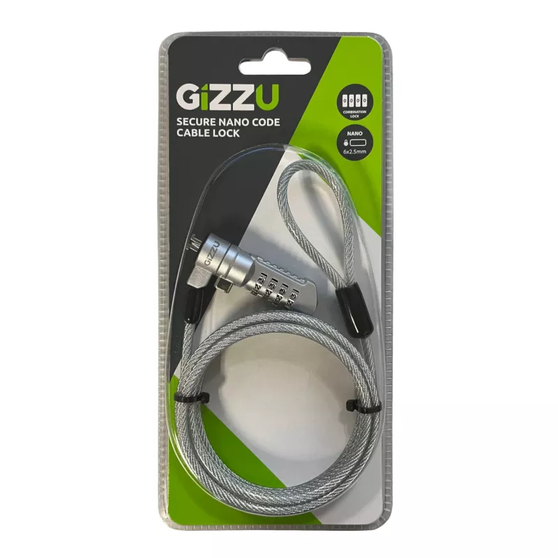 GIZZU 1.8m Nano Combination Lock Security Cable - 4-Digit Resettable, Braided Steel, for Kensington Nano Slot Devices (Black/Silver)