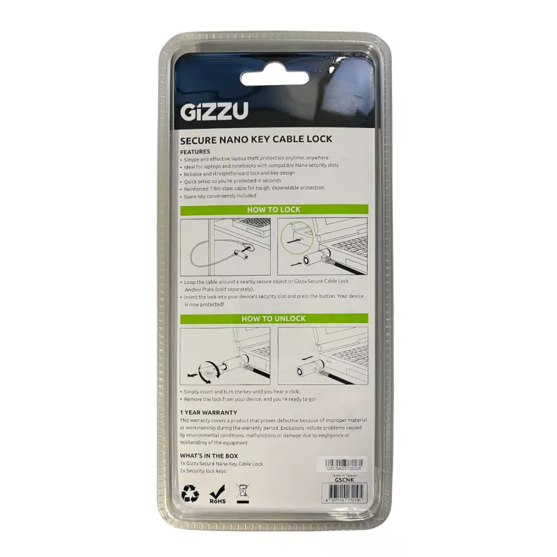 GIZZU 1.8m Nano Key Lock Security Cable with Key - Black
