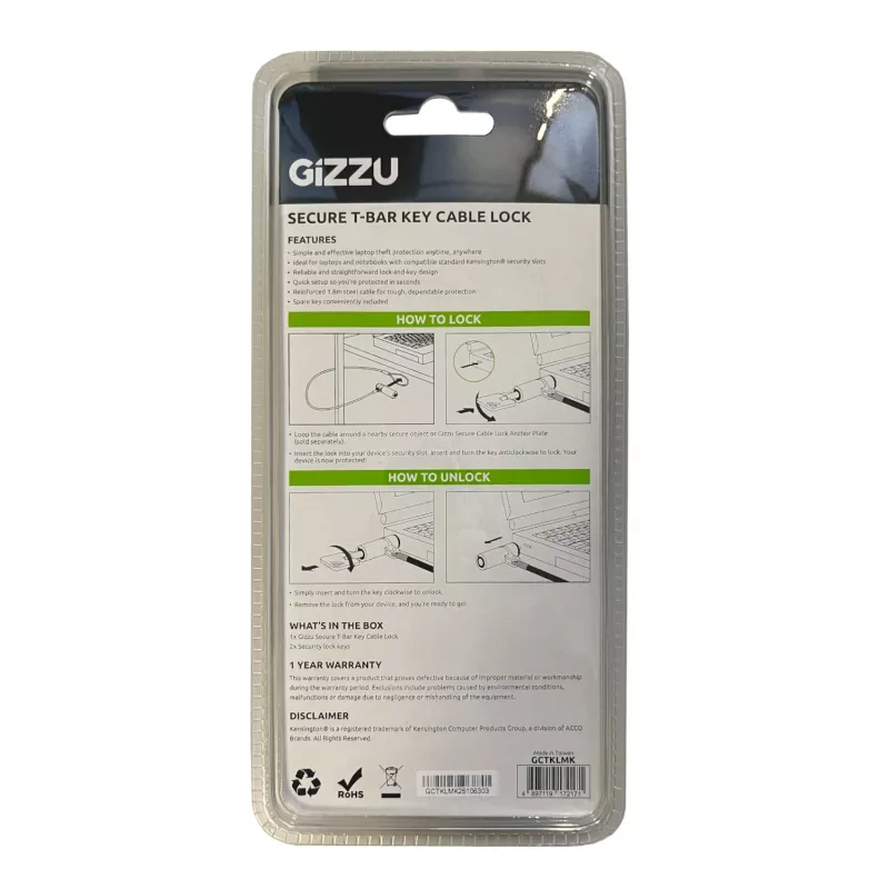 GIZZU 1.8m T-Bar Laptop Cable Lock Master Key Compatible - Keyed Security Cable for Kensington Slot, Braided Steel, Black