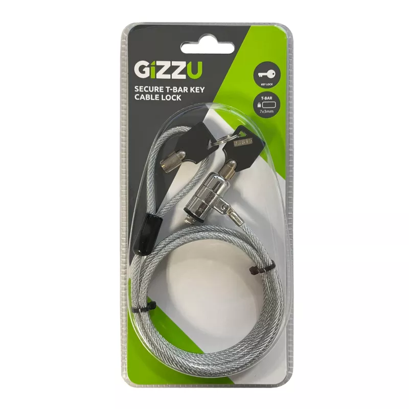 GIZZU 1.8m T-Bar Laptop Cable Lock Master Key Compatible - Keyed Security Cable for Kensington Slot, Braided Steel, Black