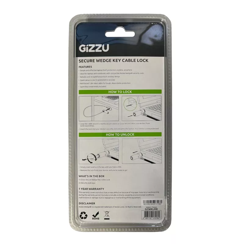 GIZZU 1.8m Wedge Cable Lock with 2 Keys for Noble Wedge Slot Devices - Black
