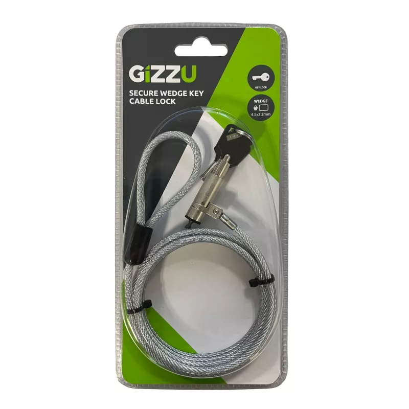 GIZZU 1.8m Wedge Cable Lock with 2 Keys for Noble Wedge Slot Devices - Black