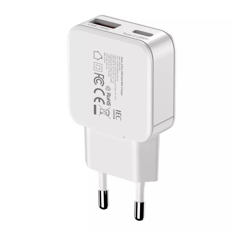 Gizzu 2-Port 20W GaN Wall Charger USB-C PD 3.0 + USB-A QC 3.0 Fast Charging Adapter - White