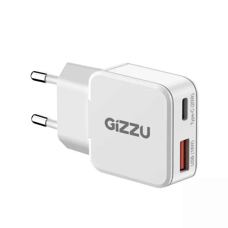 Gizzu 2-Port 20W GaN Wall Charger USB-C PD 3.0 + USB-A QC 3.0 Fast Charging Adapter - White