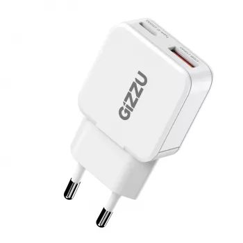 Gizzu 2-Port 20W GaN Wall Charger USB-C PD 3.0 + USB-A QC 3.0 Fast Charging Adapter - White