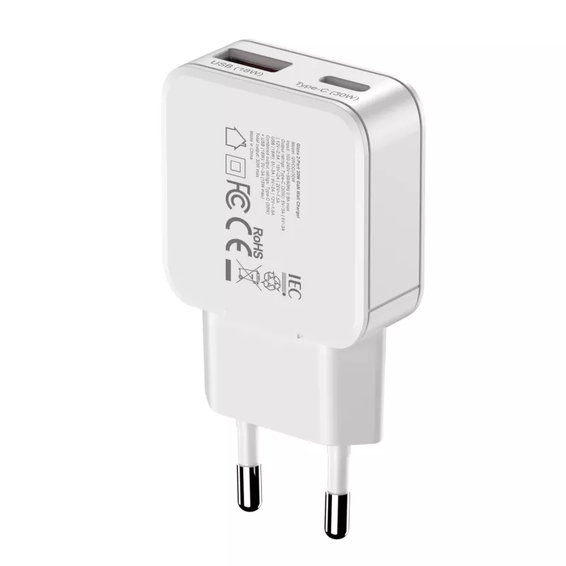 Gizzu 2-Port 30W GaN Wall Charger USB-C PD + USB-A QC White