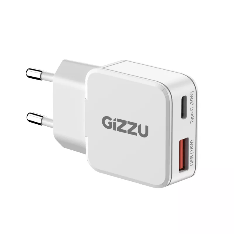 Gizzu 2-Port 30W GaN Wall Charger USB-C PD + USB-A QC White