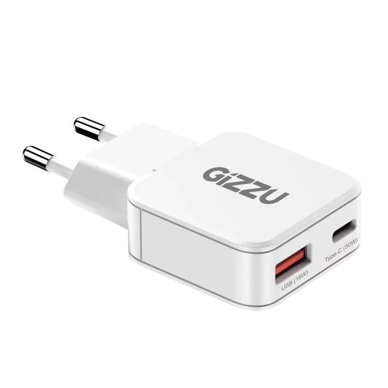 Gizzu 2-Port 30W GaN Wall Charger USB-C PD + USB-A QC White