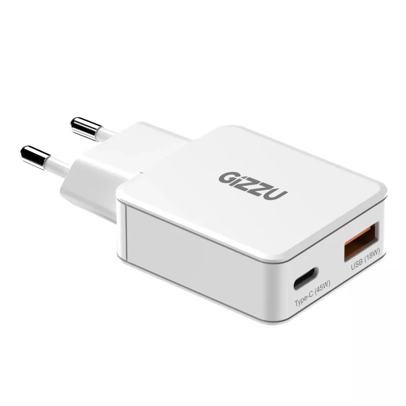 Gizzu 2-Port 45W GaN Wall Charger USB-C PD & USB-A QC White