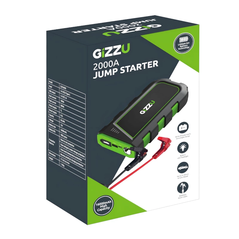 GIZZU GJS16000 2000A Jump Starter 16000mAh - Black