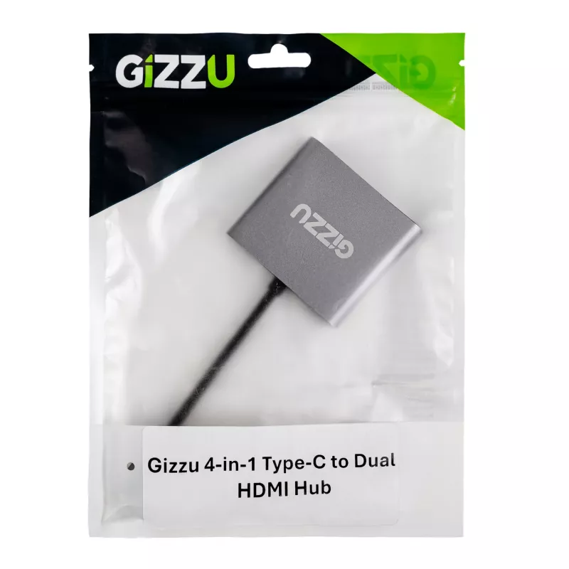 Gizzu 4-in-1 Type-C to Dual HDMI Hub USB-C Multiport Adapter with Dual 4K HDMI, USB 3.0, 100W PD, MST, Space Grey