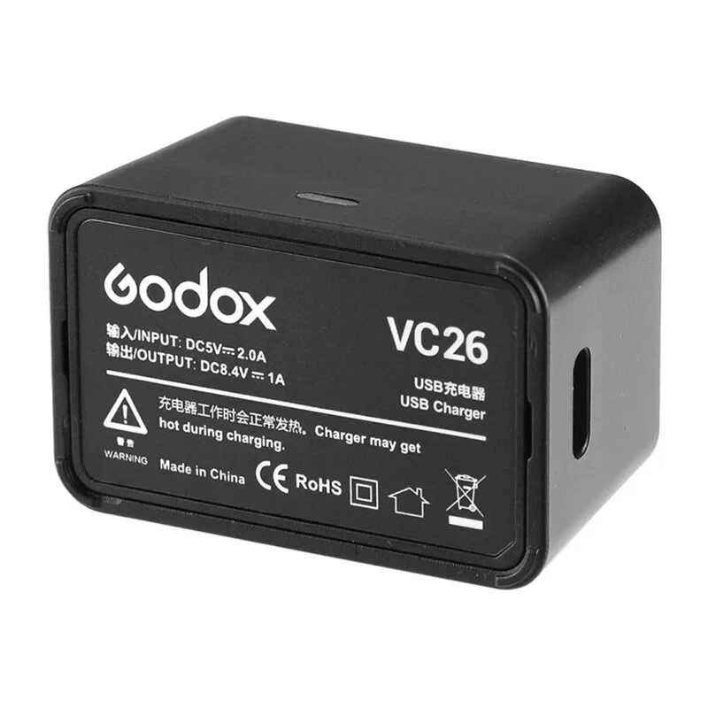 Godox VC26 USB-C Charger for V1 and V860III Flash Batteries – 5V/2A Input, 8.4V/1A Output, LED Indicator, Includes USB-A to USB-C Cable