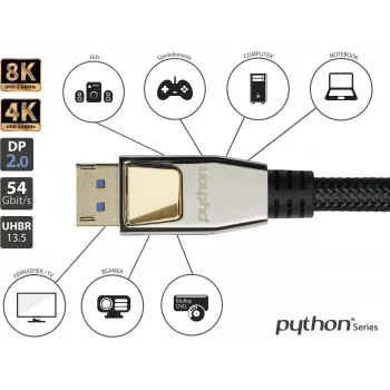 GoodConnections PREMIUM DisplayPort 2.0 Cable, 54 Gbit/s, UHBR 13.5, 4K @240Hz / 8K @60Hz, Full Metal Connectors, Copper (DP20-PY020)