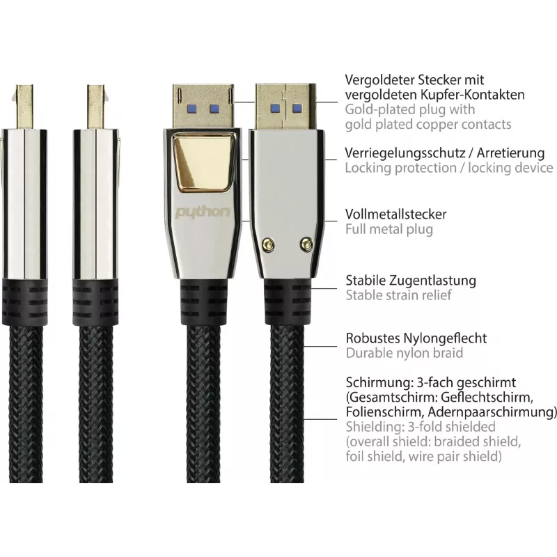 GoodConnections PREMIUM DisplayPort 2.0 Cable, 54 Gbit/s, UHBR 13.5, 4K @240Hz / 8K @60Hz, Full Metal Connectors, Copper (DP20-PY020)