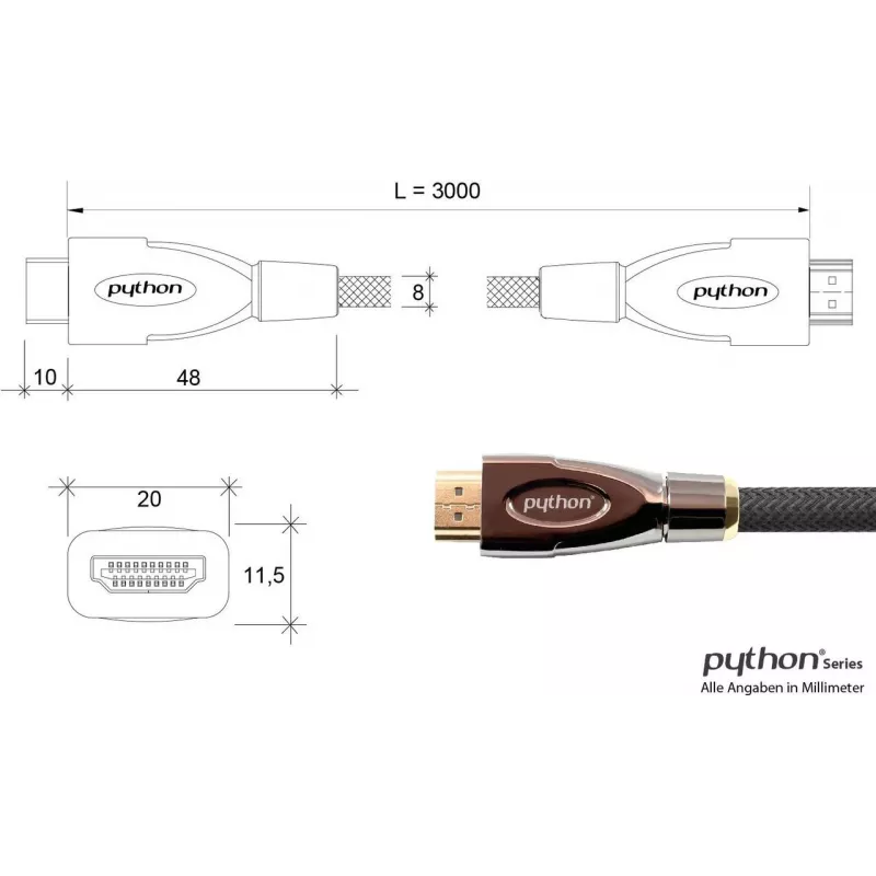 GoodConnections PYTHON Series High-Speed HDMI Cable with Ethernet, 4K UHD 60Hz, 18Gbps, Gold-Plated, Nylon Braid, 3m, Black (GC-M0018)