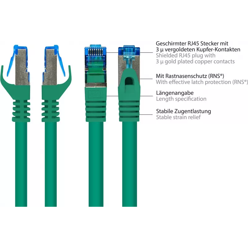 GoodConnections RNS® Cat. 6A S/FTP Halogen-Free Patch Cable with Latch Protection, 3 m, Green