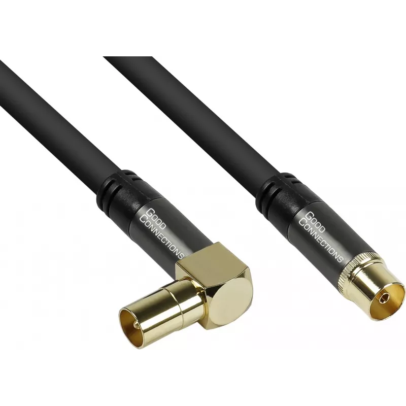 GoodConnections SAT Antenna Cable SmartFLEX, IEC/Coax Angled Plug to Socket, Gold-Plated, Quadruple Shielded, 120dB Shielding, Black, 15m (GC-M2078)