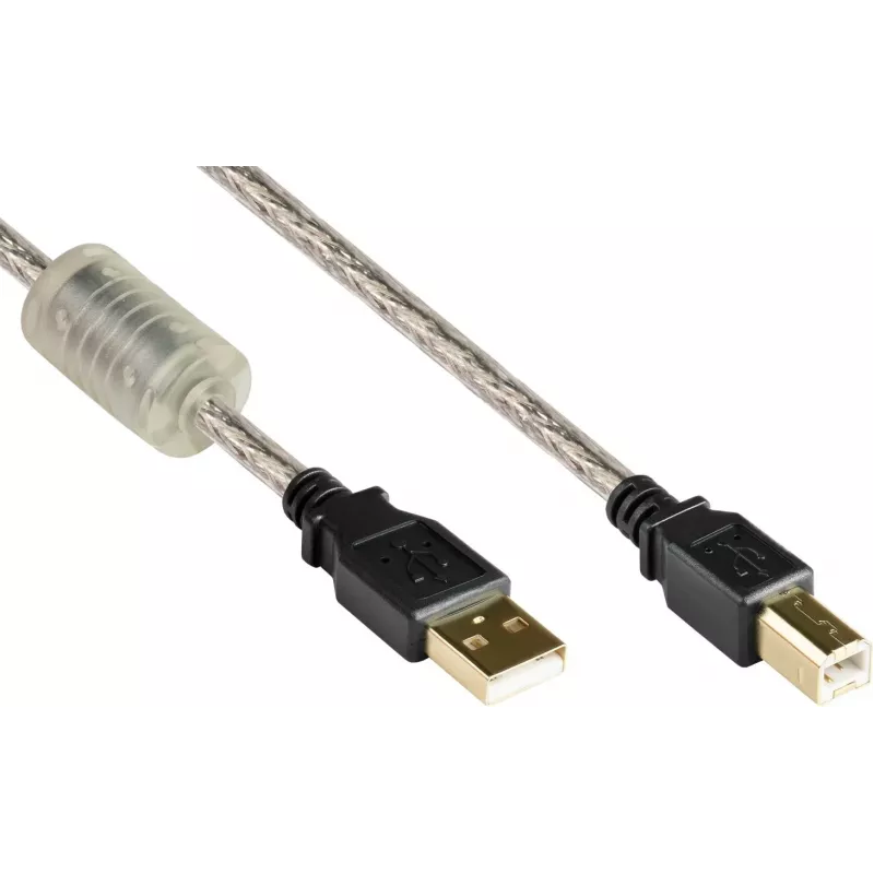 Good Connections USB 2.0 High Quality Cable with Ferrite Core and Gold Contacts, Transparent, 5m